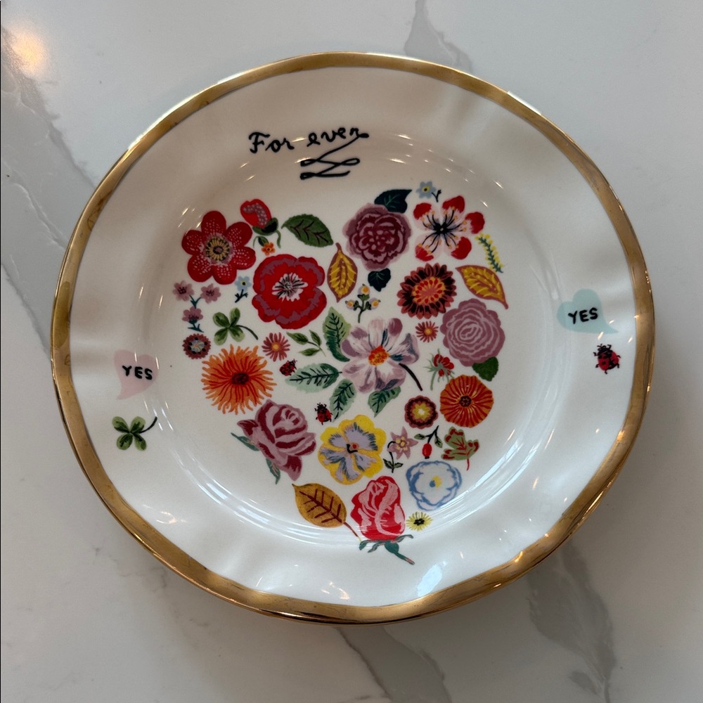 Anthropologie White Gold-Trim Floral Heart Wedding plate